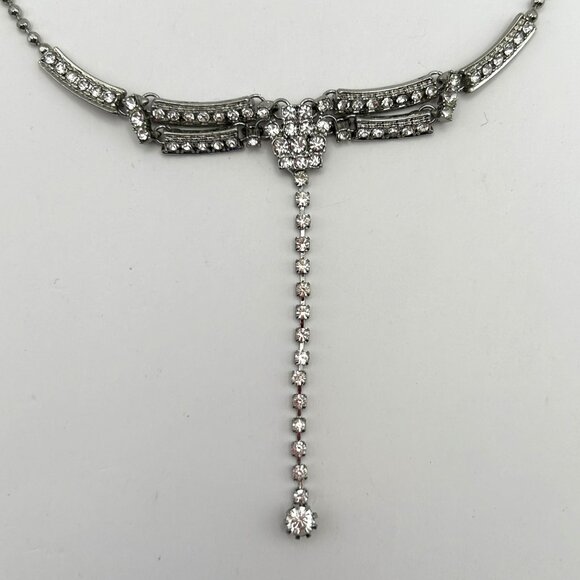 KL Silver Tone Rhinestone Y Drop Adjustable Necklace Evening Bridal - Picture 9 of 12
